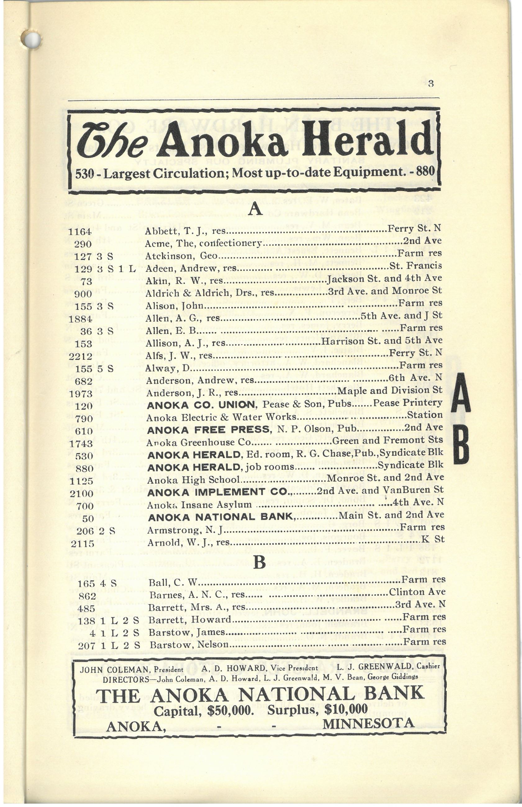 1909 Phone Book Page lists Anoka Electric Water Works
